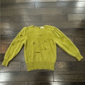 Vtg Angora Sweater Women S Pullover Fuzzy Green Patch Beads Knit Pearl Button
